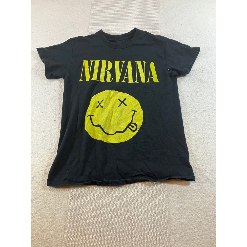 Nirvana Smiley Face Graphic T-Shirt Black Youth Size Large XL Kids Band Tee